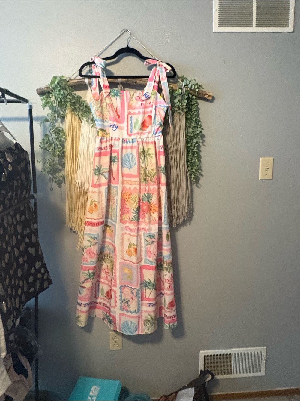 Vacation Pink Tropical Print Tie-Shoulder Maxi Dress